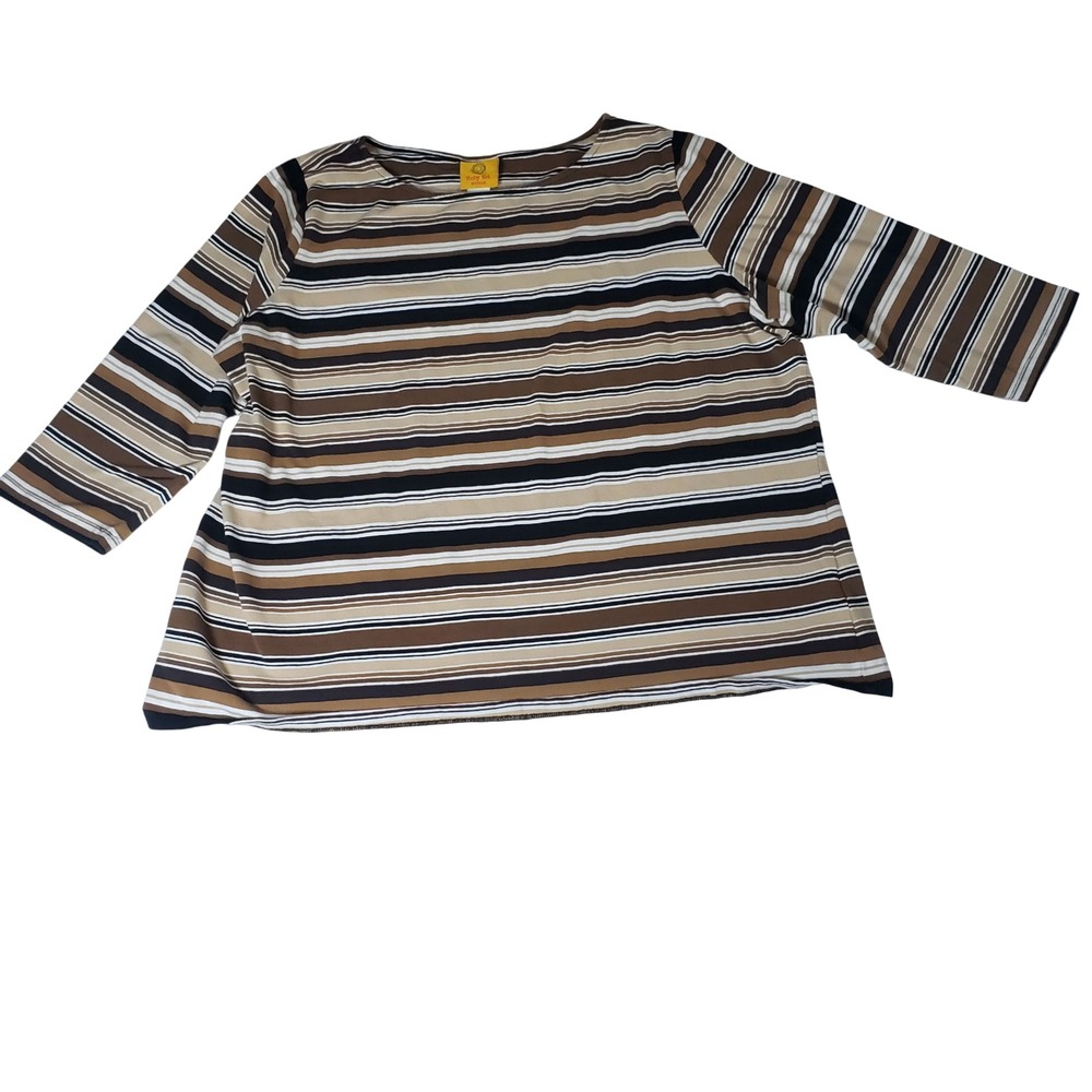 Ruby Rd Woman 1X Brown Striped Boat Neck 3/4 Sleeve Cotton Blend Top